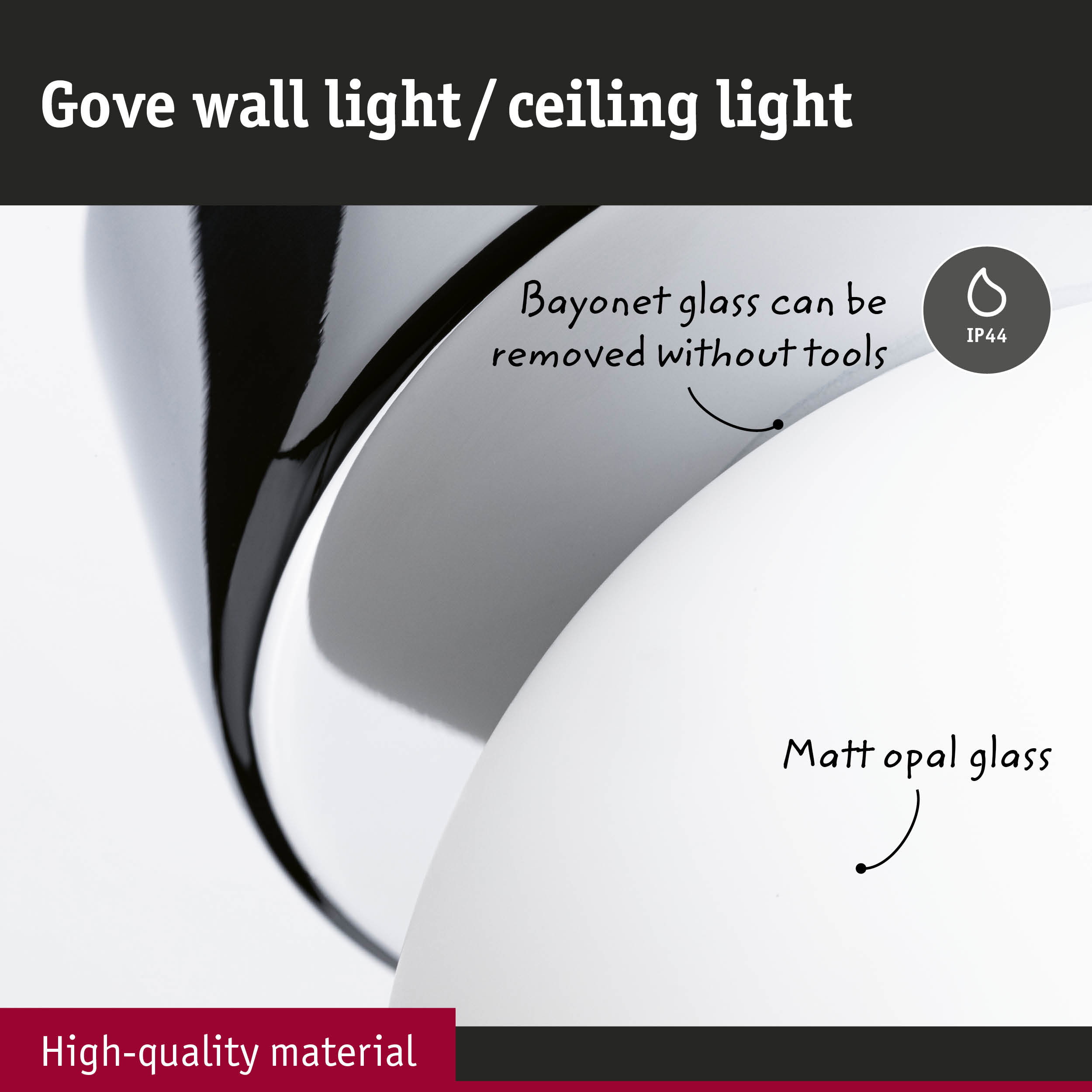 Gove wall light with matt opal glass and removable bayonet glass, IP44 rated for bathroom use