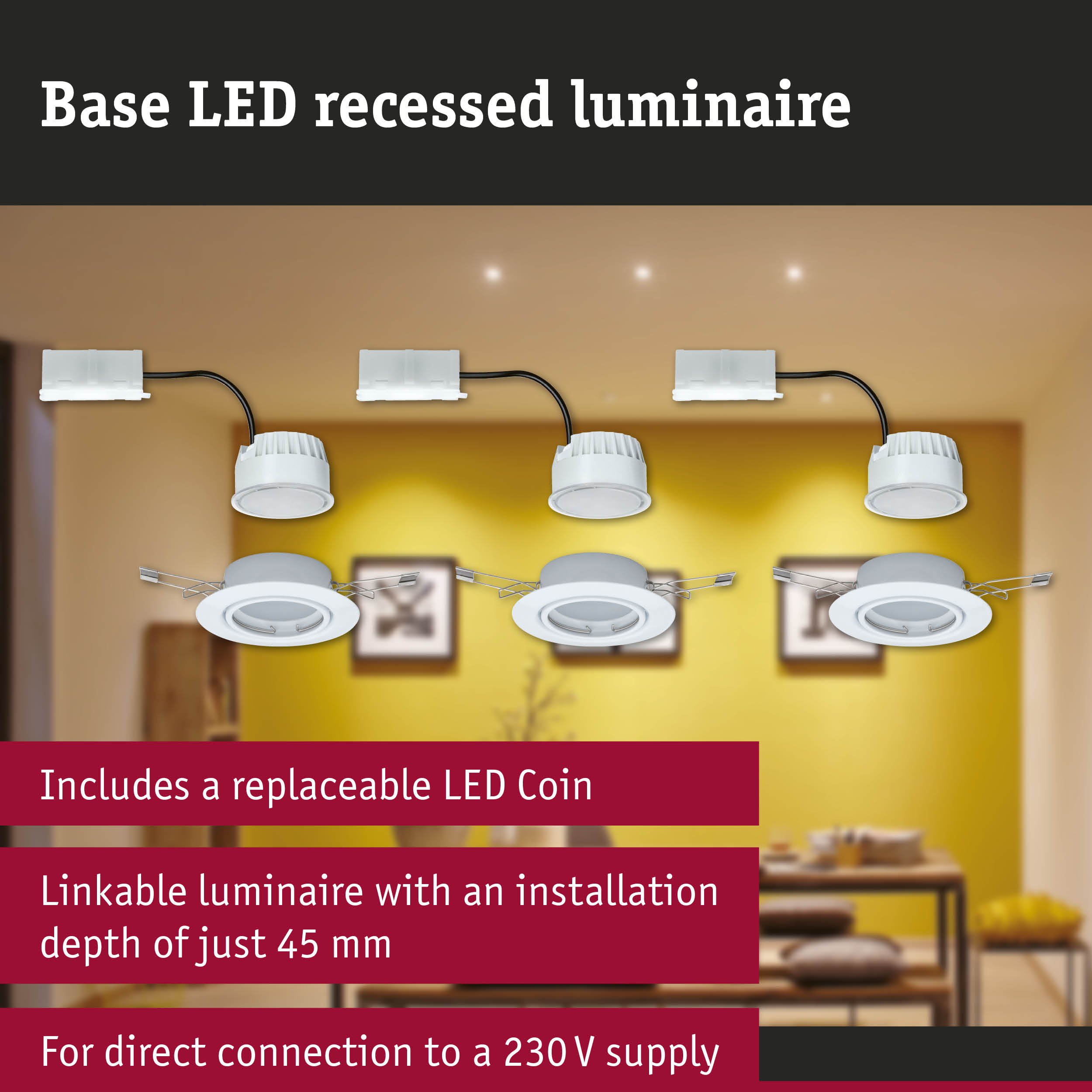 White LED recessed luminaires with replaceable LED coin and 45 mm installation depth for 230V supply