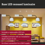 White LED recessed luminaires with replaceable LED coin and 45 mm installation depth for 230V supply