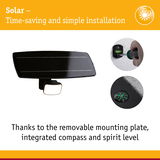 Black solar LED light with removable mounting plate, integrated compass and spirit level for easy installation