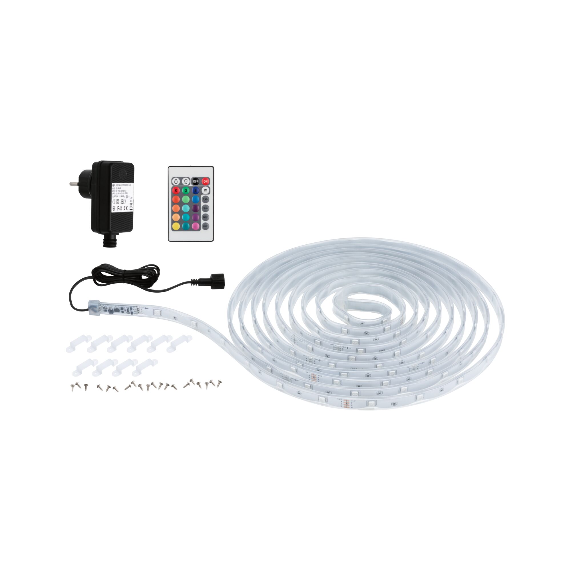 Bande LED flexible avec télécommande et adaptateur secteur en plastique transparent pour éclairage coloré