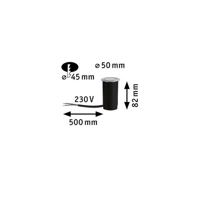 Schwarze Einbauleuchte mit 50 mm Durchmesser und 82 mm Höhe, 230 V Anschlusskabel 500 mm lang
