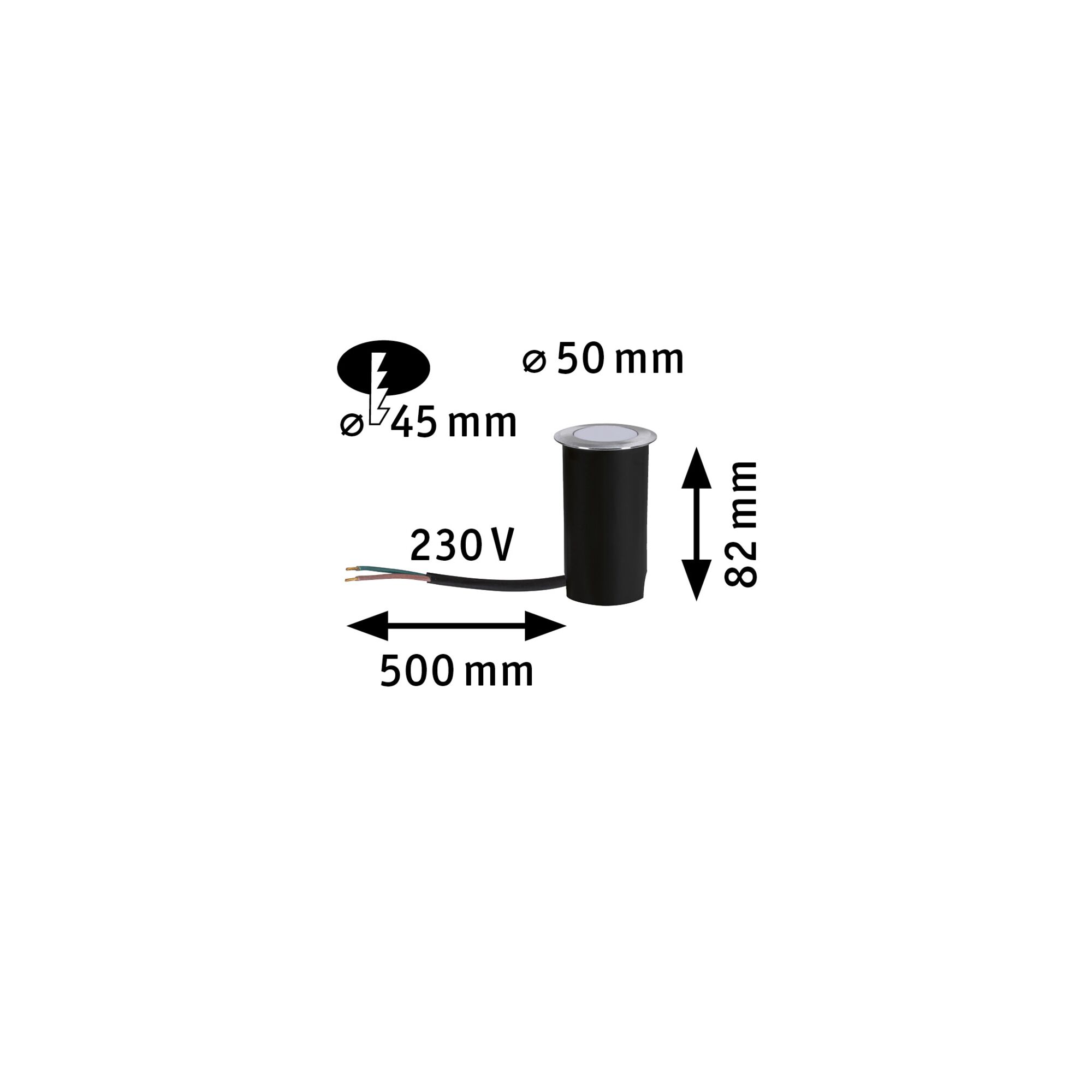 Sort indbygningslampe med 50 mm diameter og 82 mm højde, 230 V strømkabel på 500 mm