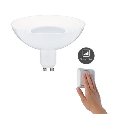 White dimmable LED bulb with GU10 base and 3-step dimming for energy-efficient lighting