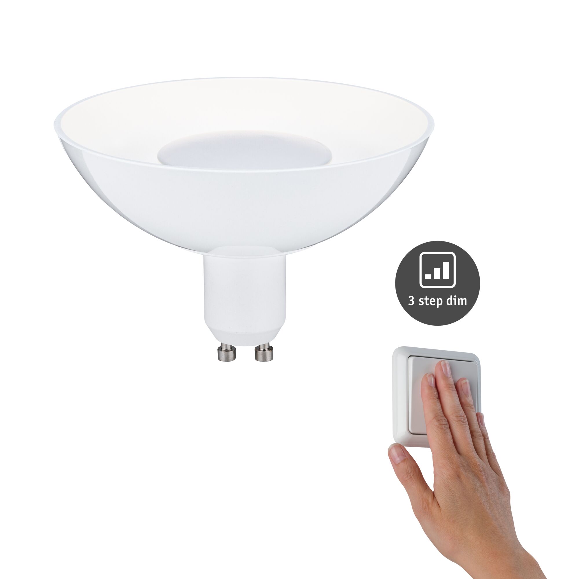 LED Reflector 3-Step-Dim GU10 230V 360lm 4,9W 3000K dimmable White White dimmable LED bulb with GU10 base and 3-step dimming for energy-efficient lighting