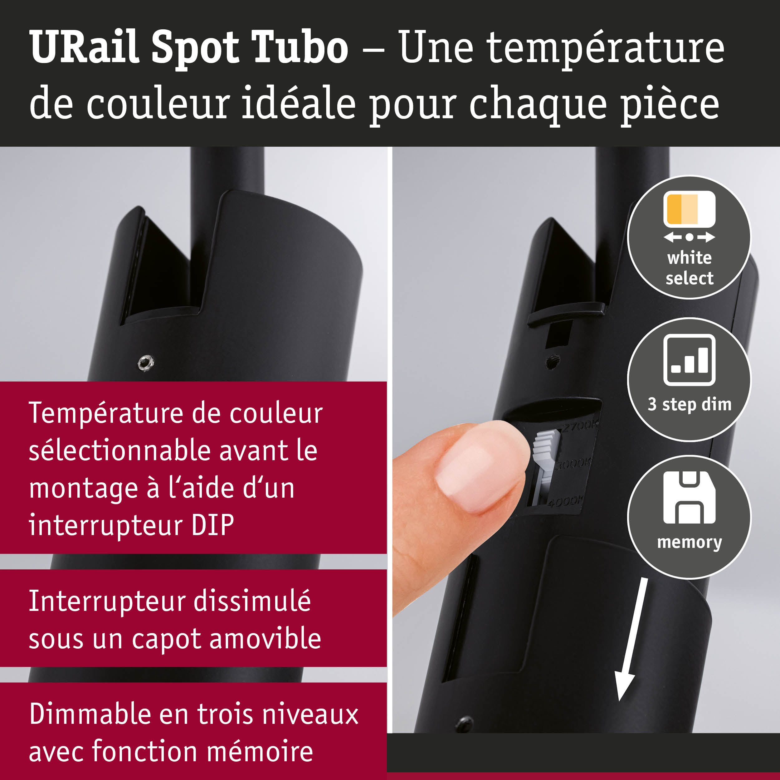 Spot URail Tubo noir avec température de couleur réglable et gradation en trois niveaux avec mémoire.