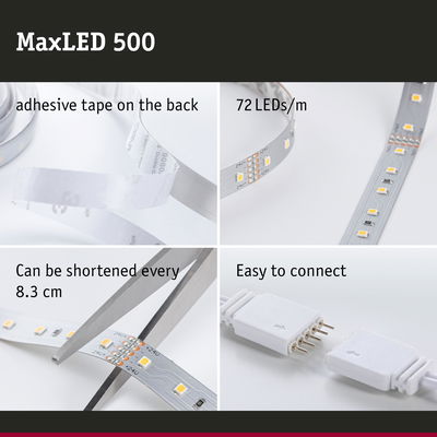 MaxLED 500 LED strip with 72 LEDs/m, adhesive backing, cuttable every 8.3 cm, easy to connect, silver colour