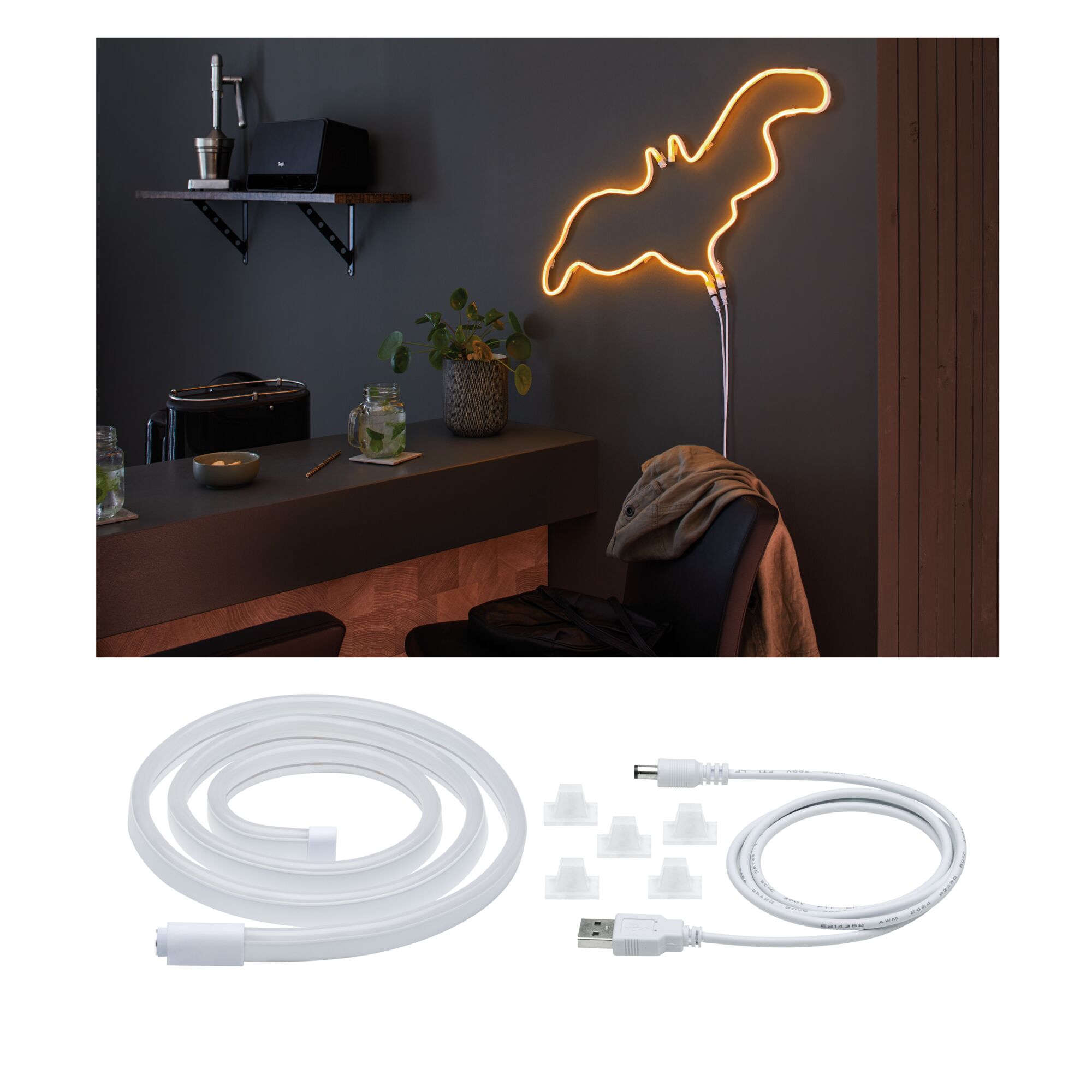 USB LED Strip Neon Colorflex Orange 1m 4,5W 10lm/m 120 LEDs/m Orangefarbene LED-Neonlichtleiste an dunkler Wand in moderner Wohnküche mit Pflanzen und Möbeln