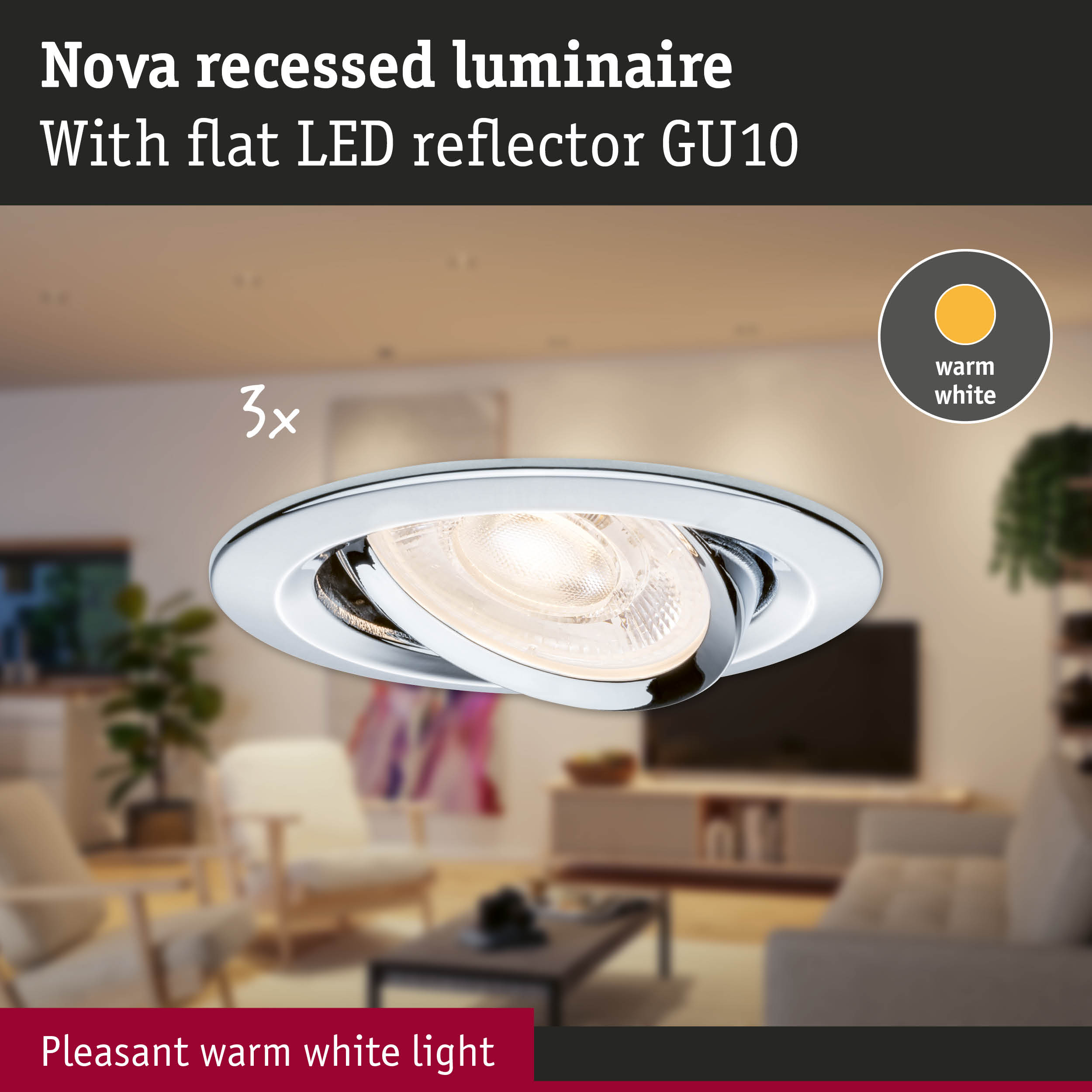 Nova recessed luminaire with flat LED reflector GU10 in white providing pleasant warm white light