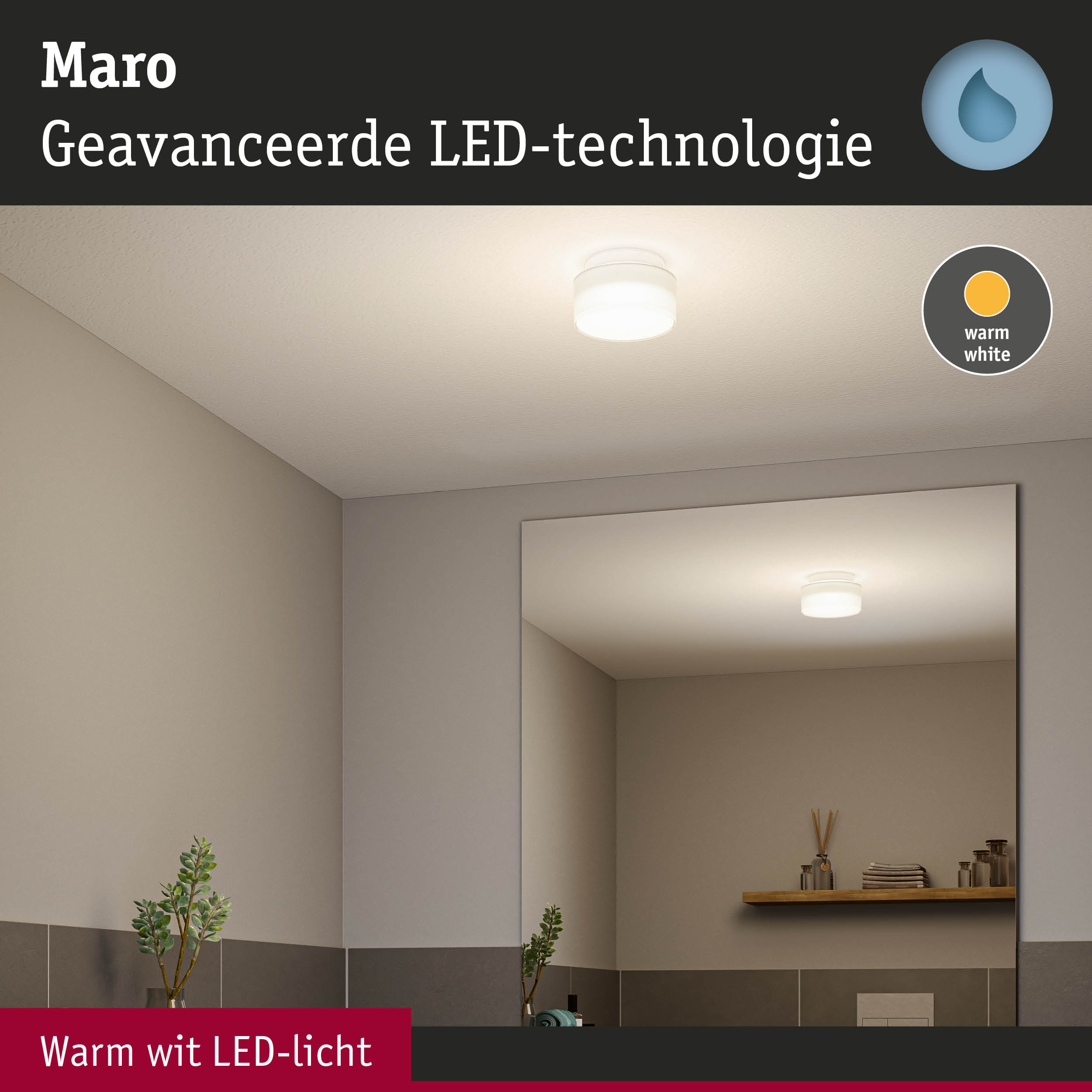 Ronde Maro LED-plafondlamp met warm wit licht in moderne badkamer met spiegel