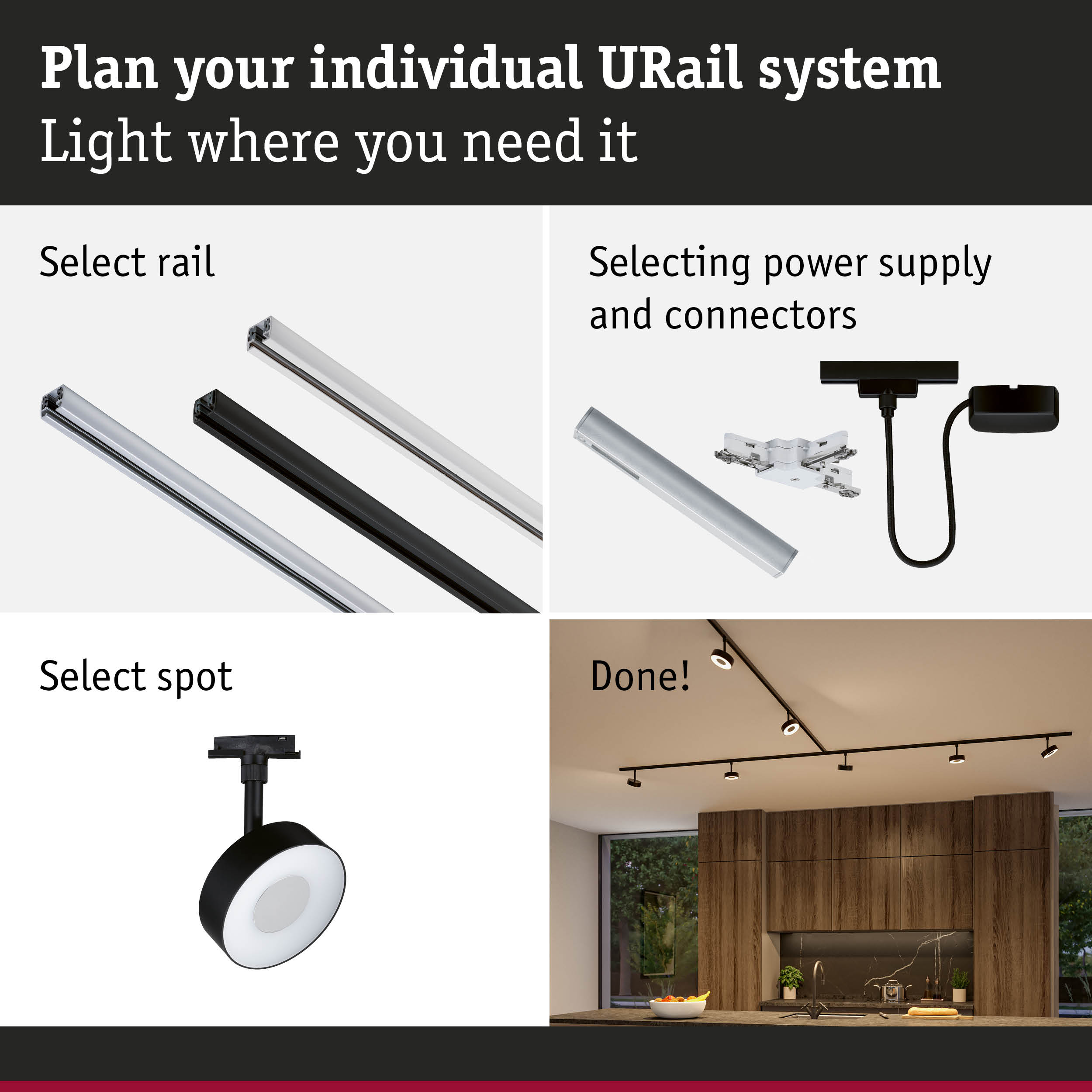 Modular URail rail system in black and white with spotlights for flexible room lighting solutions