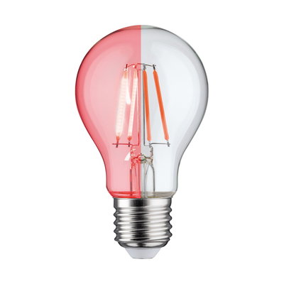 LED-Glühbirne mit halb rotem, halb klarem Glas und E27-Fassung für energiesparende Beleuchtung