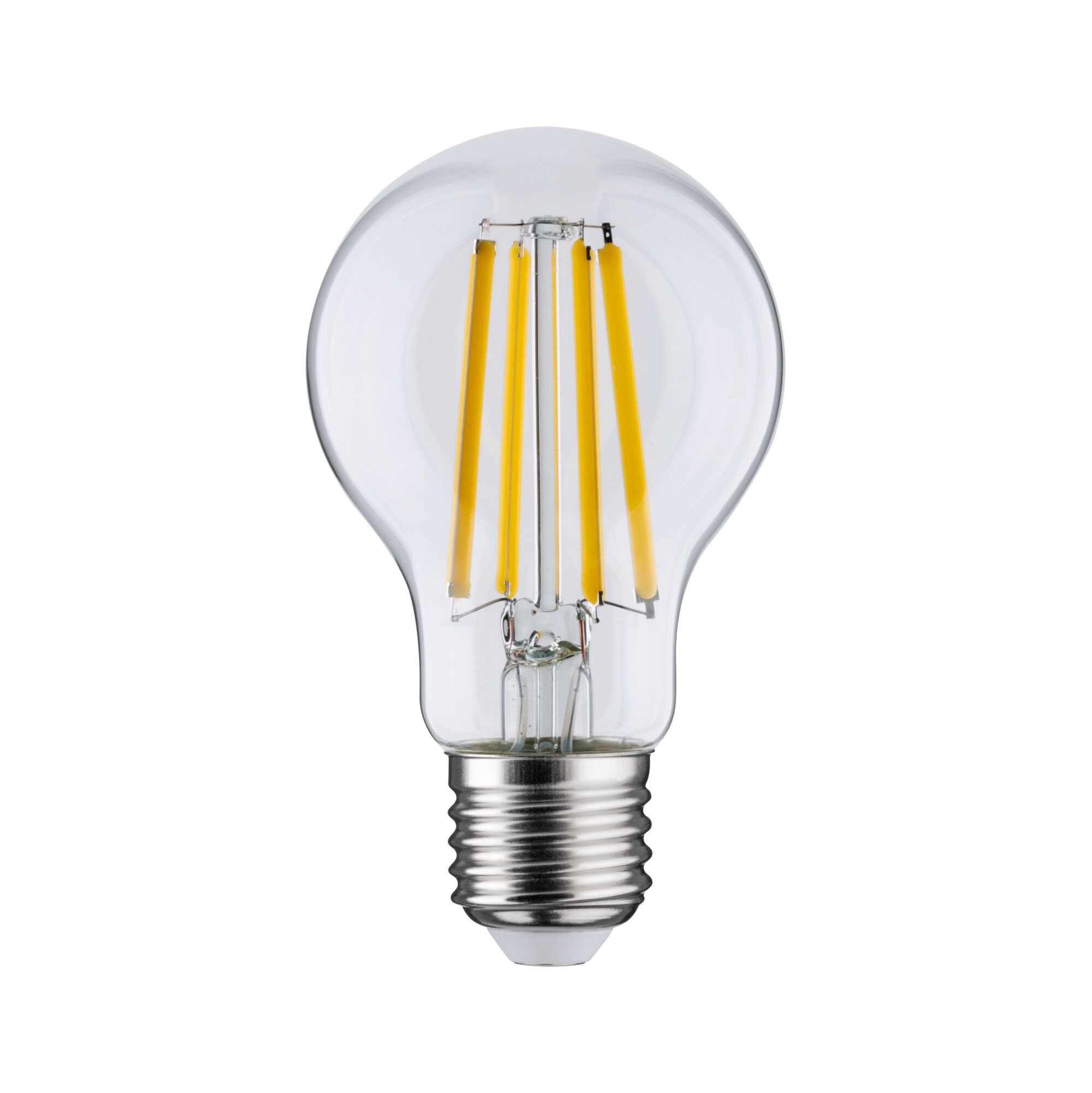 Classic LED light bulb with clear glass and yellow filaments for energy-efficient lighting