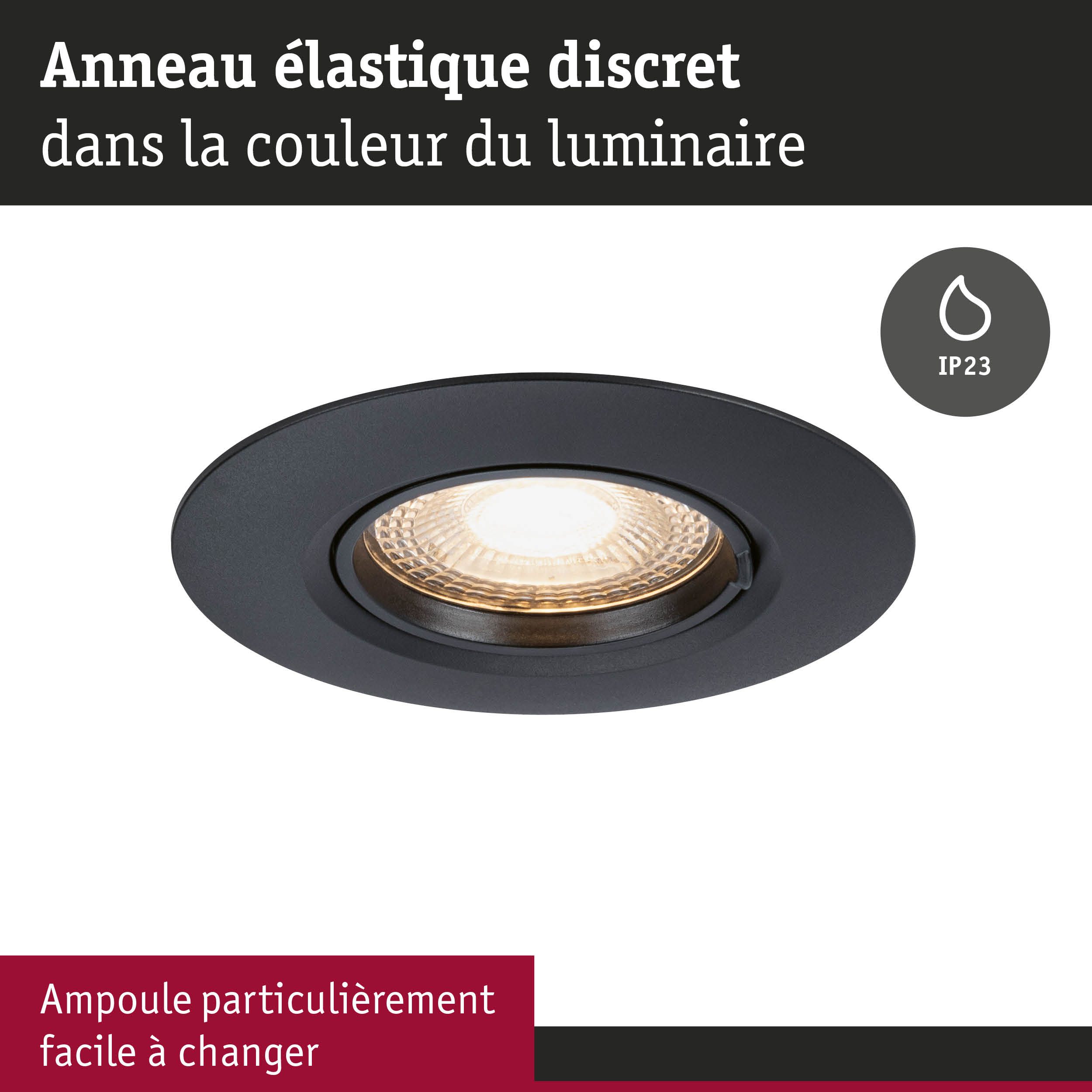 Spot encastré noir avec anneau élastique discret et indice IP23, ampoule LED facile à changer