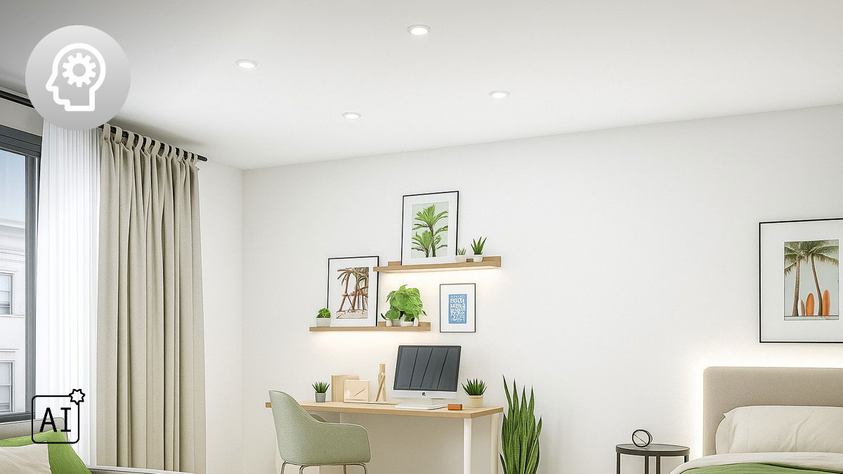 Moderne woonkamer met witte muren, houten planken, groene stoel en sfeervolle LED-plafondverlichting