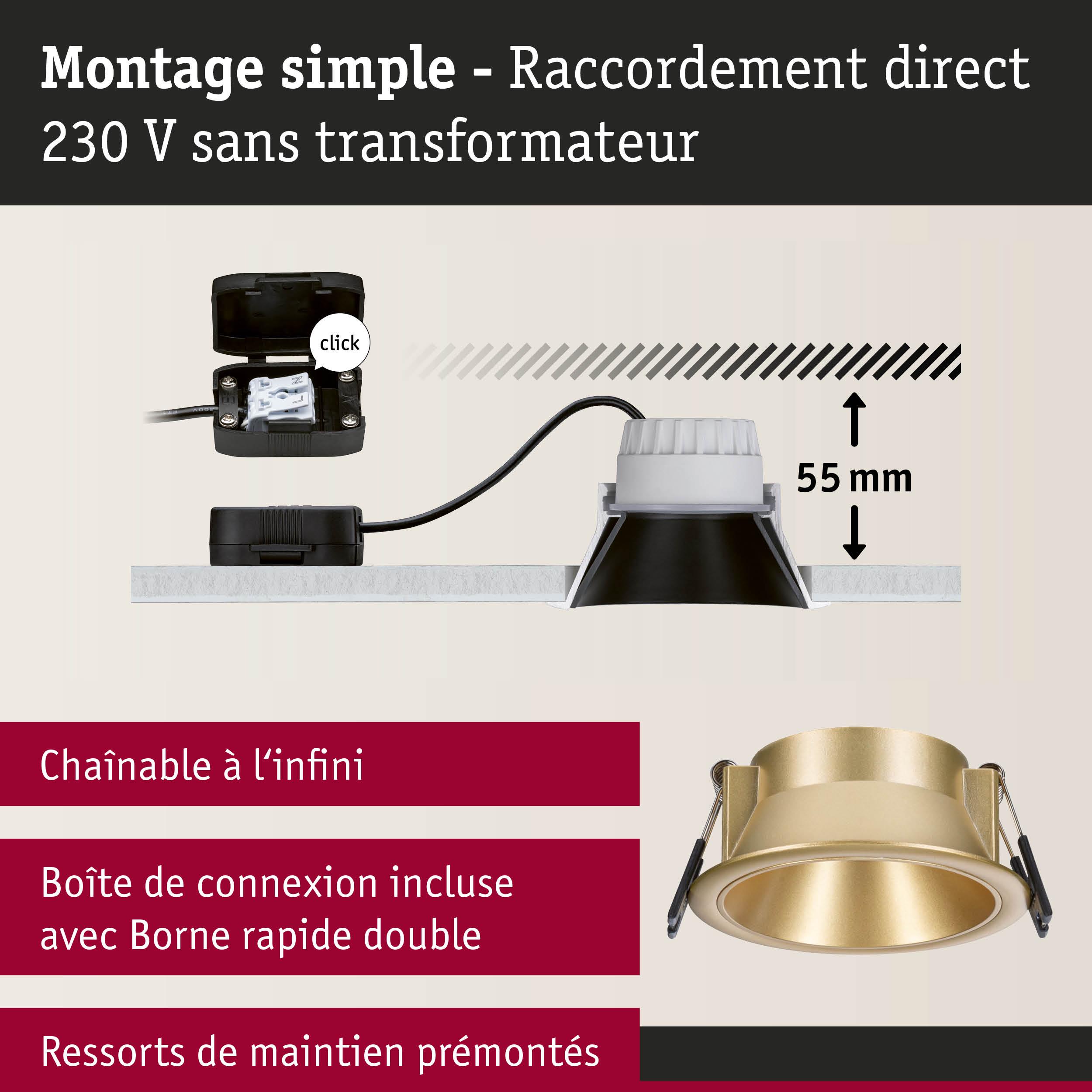 Montage simple d’un spot encastré LED doré de 55 mm de profondeur avec raccordement direct 230 V sans transformateur