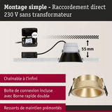Montage simple d’un spot encastré LED doré de 55 mm de profondeur avec raccordement direct 230 V sans transformateur