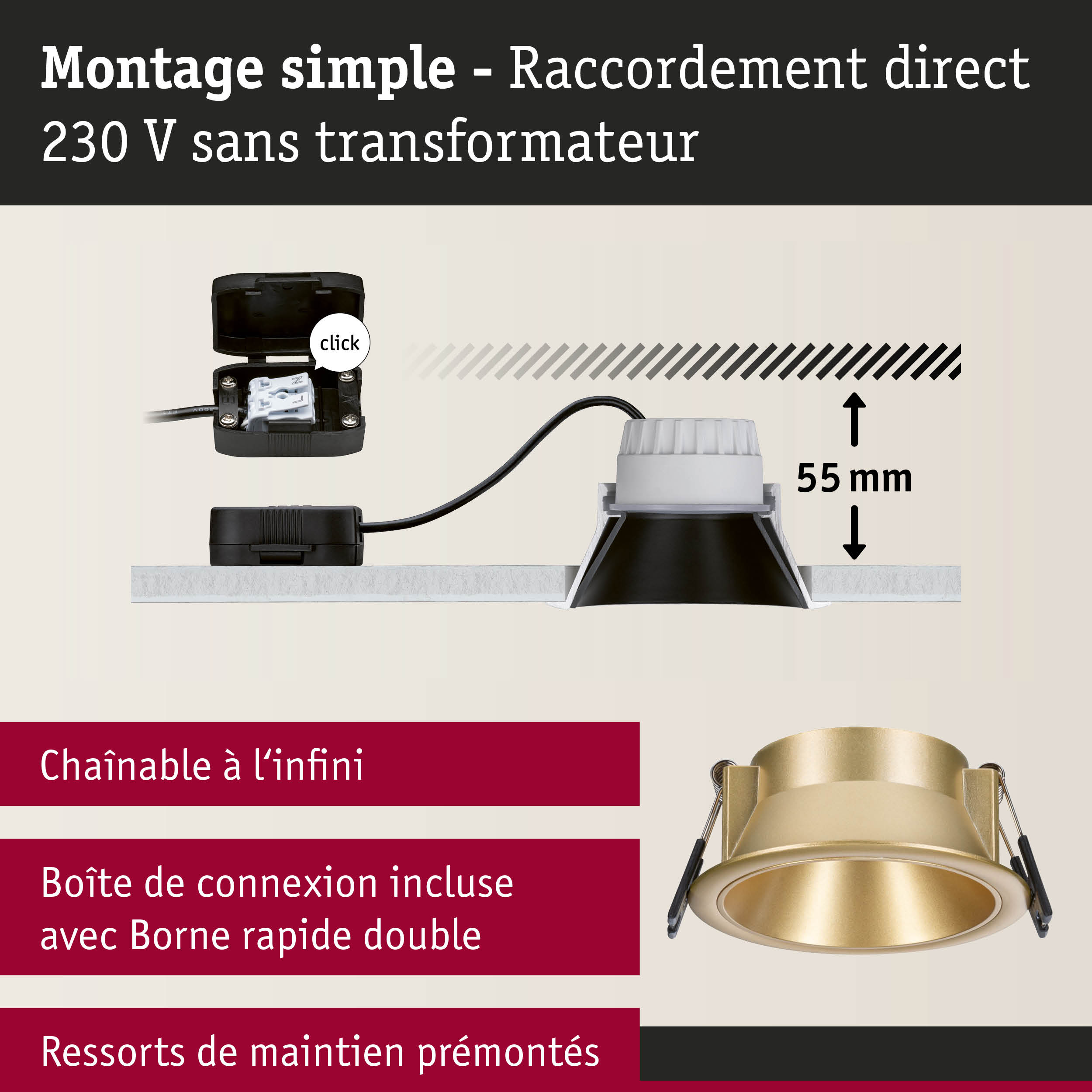 Spot encastré en métal doré avec profondeur d'installation de 55 mm et raccordement direct 230 V sans transformateur