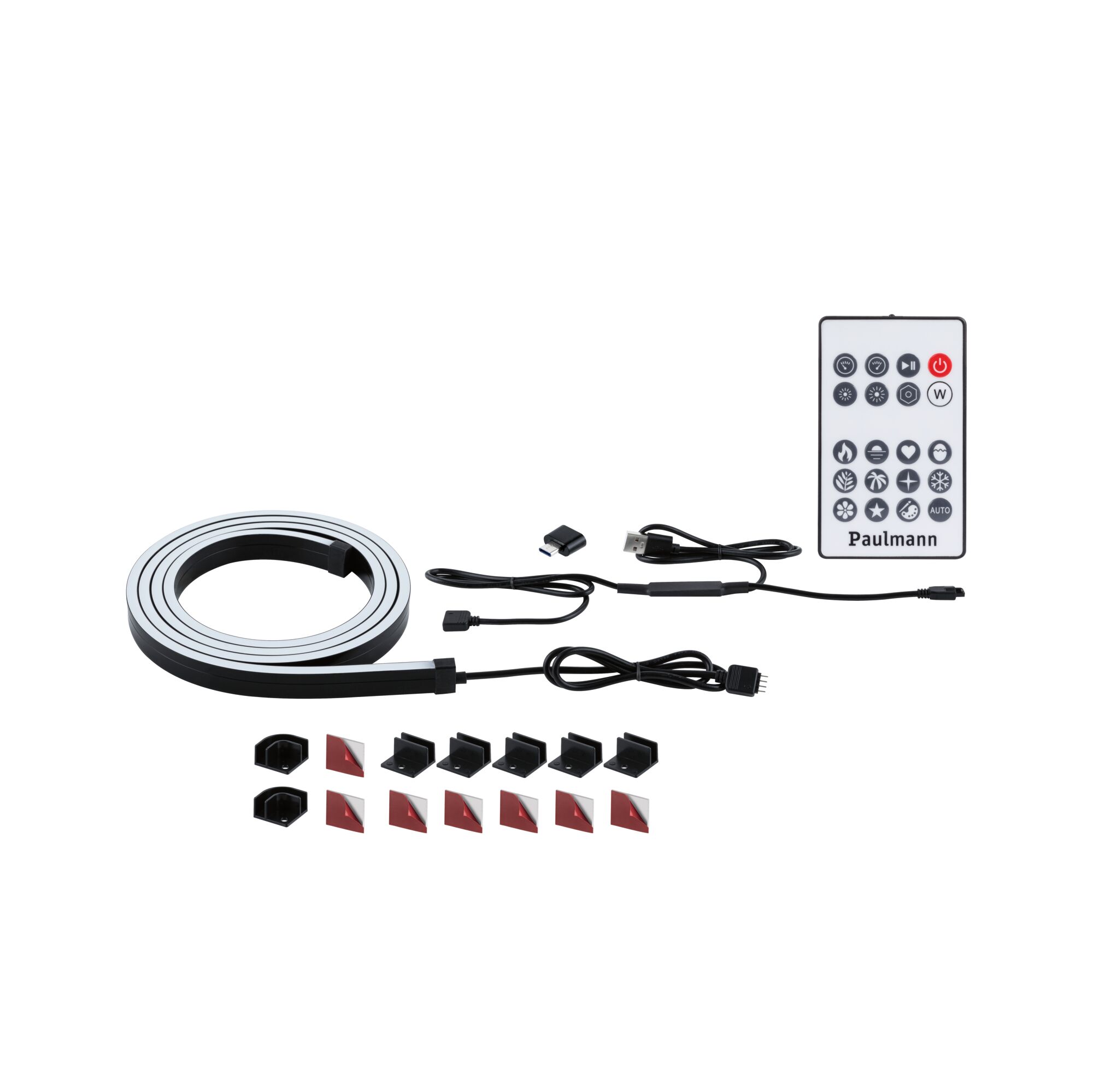 LED-lichtstrip set met afstandsbediening, zwarte flexibele strip en montageclips voor sfeerverlichting
