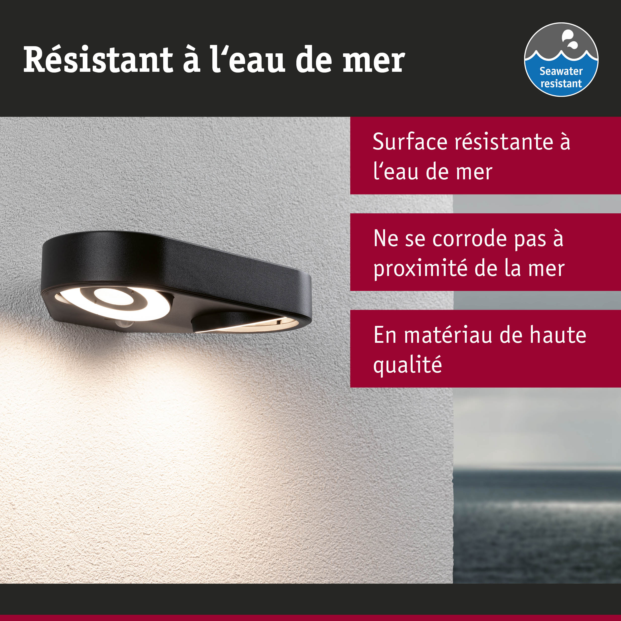 Applique murale extérieure noire en matériau de haute qualité, résistante à l'eau de mer