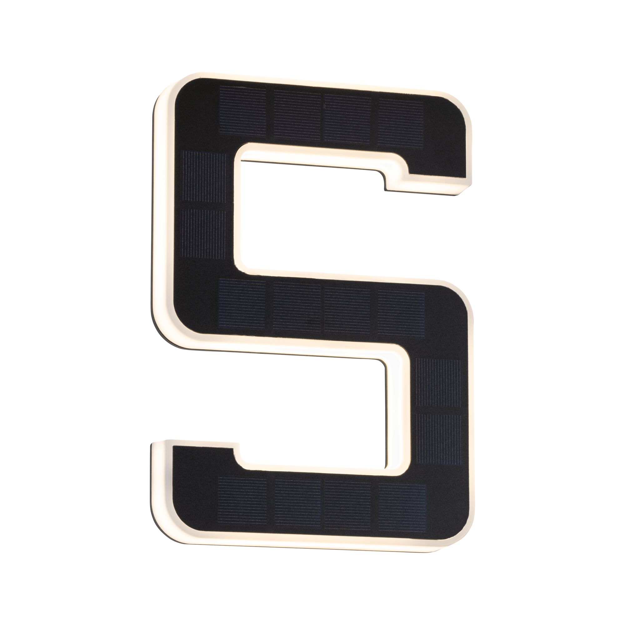 Solar-powered LED letter S in black with white light for indoor and outdoor use