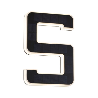 Solar-powered LED letter S in black with white light for indoor and outdoor use