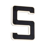 Solar-powered LED letter S in black with white light for indoor and outdoor use