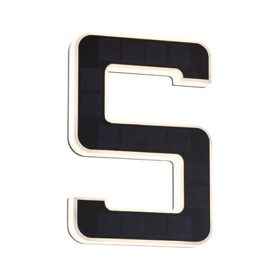 Solar-powered LED letter S in black with white light for indoor and outdoor use