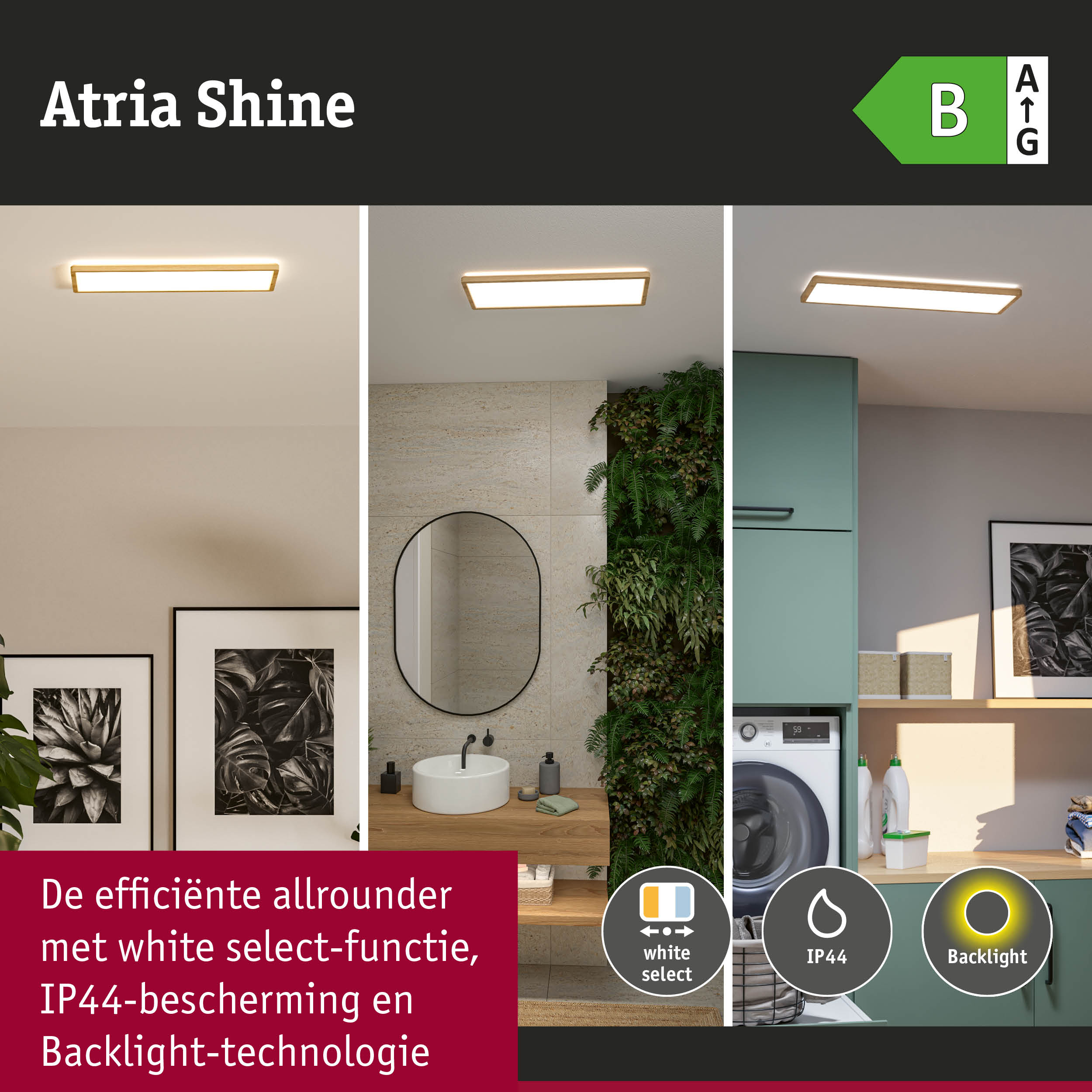 Atria Shine LED-plafondlamp met houten frame in wit, IP44 bescherming en backlight-technologie