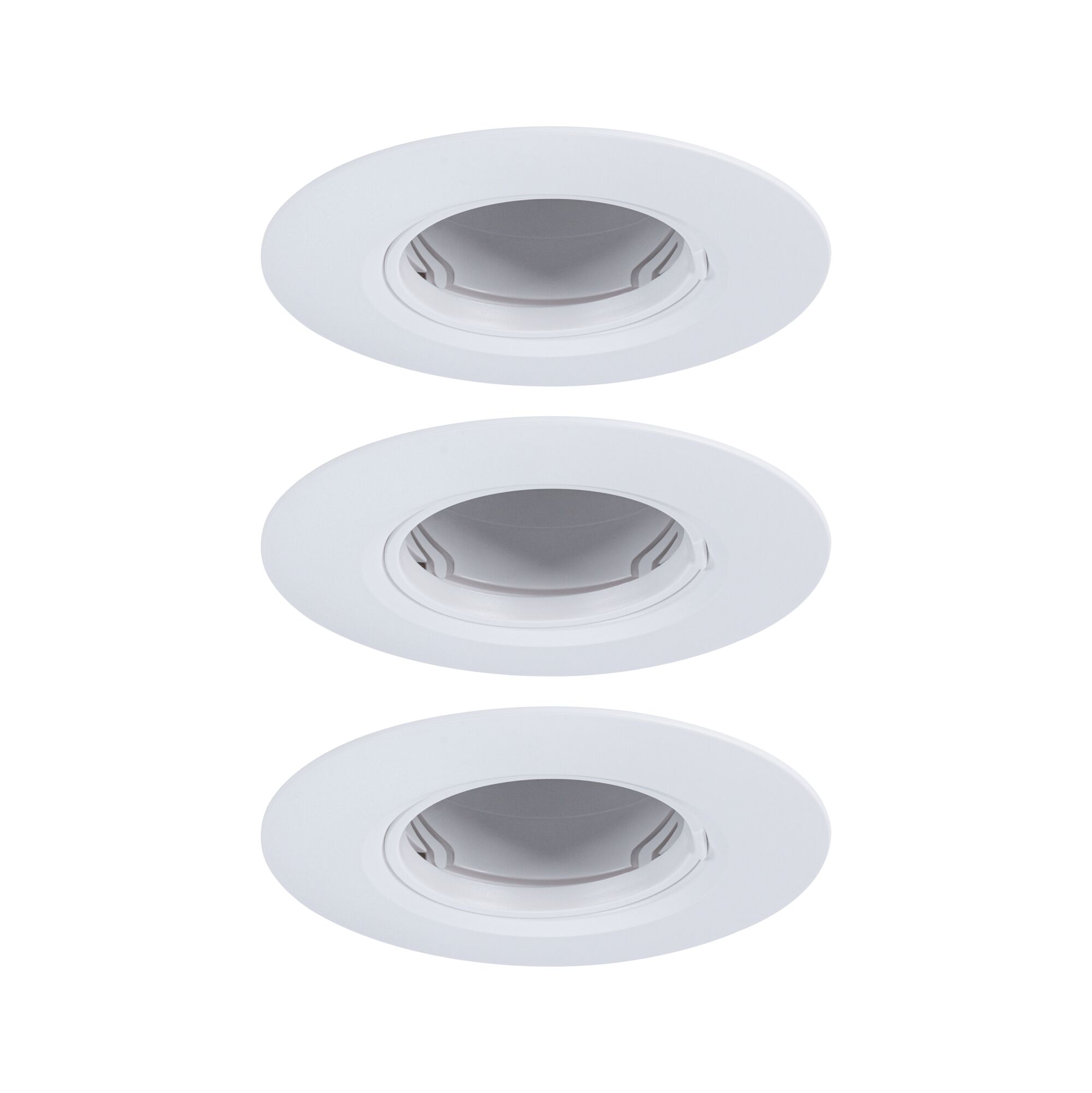 Three white plastic recessed spotlights with adjustable inserts for flexible LED lighting solutions