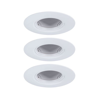 Three white plastic recessed spotlights with adjustable inserts for flexible LED lighting solutions