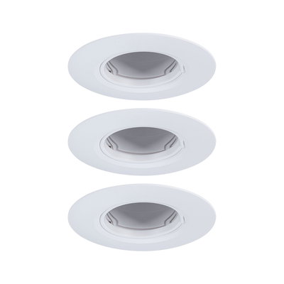 Three white plastic recessed spotlights with adjustable inserts for flexible LED lighting solutions