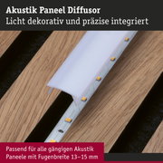 Weißer Akustik Paneel Diffusor mit integrierter LED-Beleuchtung auf Holzpaneel für Raumakustik