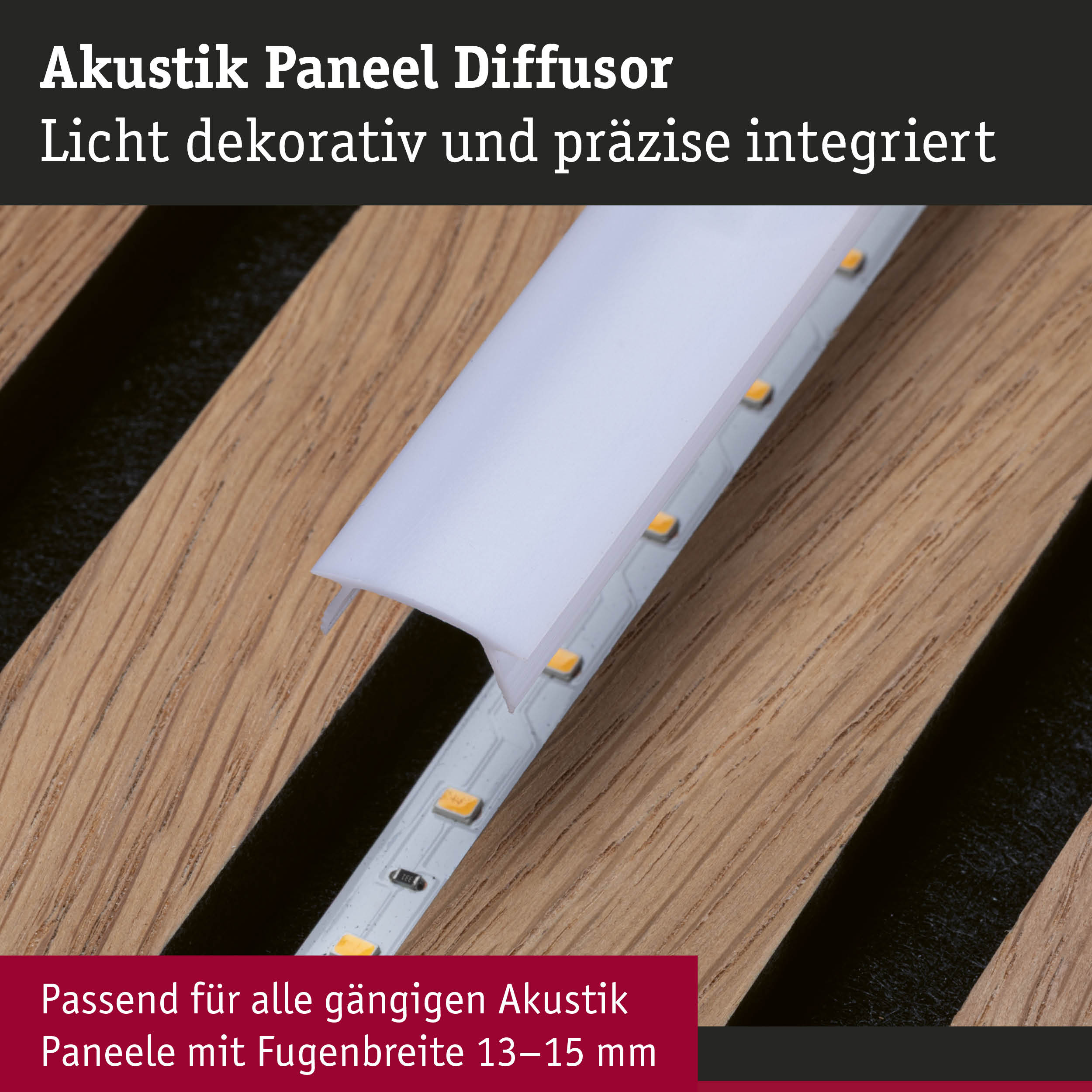 Weißer Akustik Paneel Diffusor mit integrierter LED-Beleuchtung auf Holzpaneel für Raumakustik
