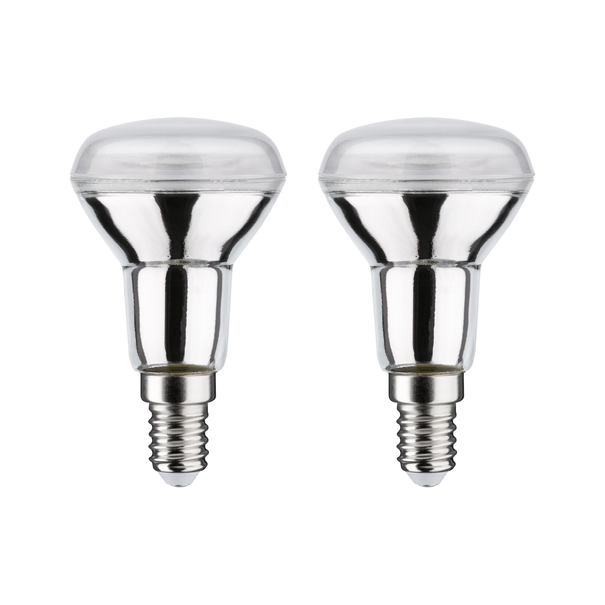 Two silver LED reflector bulbs with E14 base for energy-efficient lighting