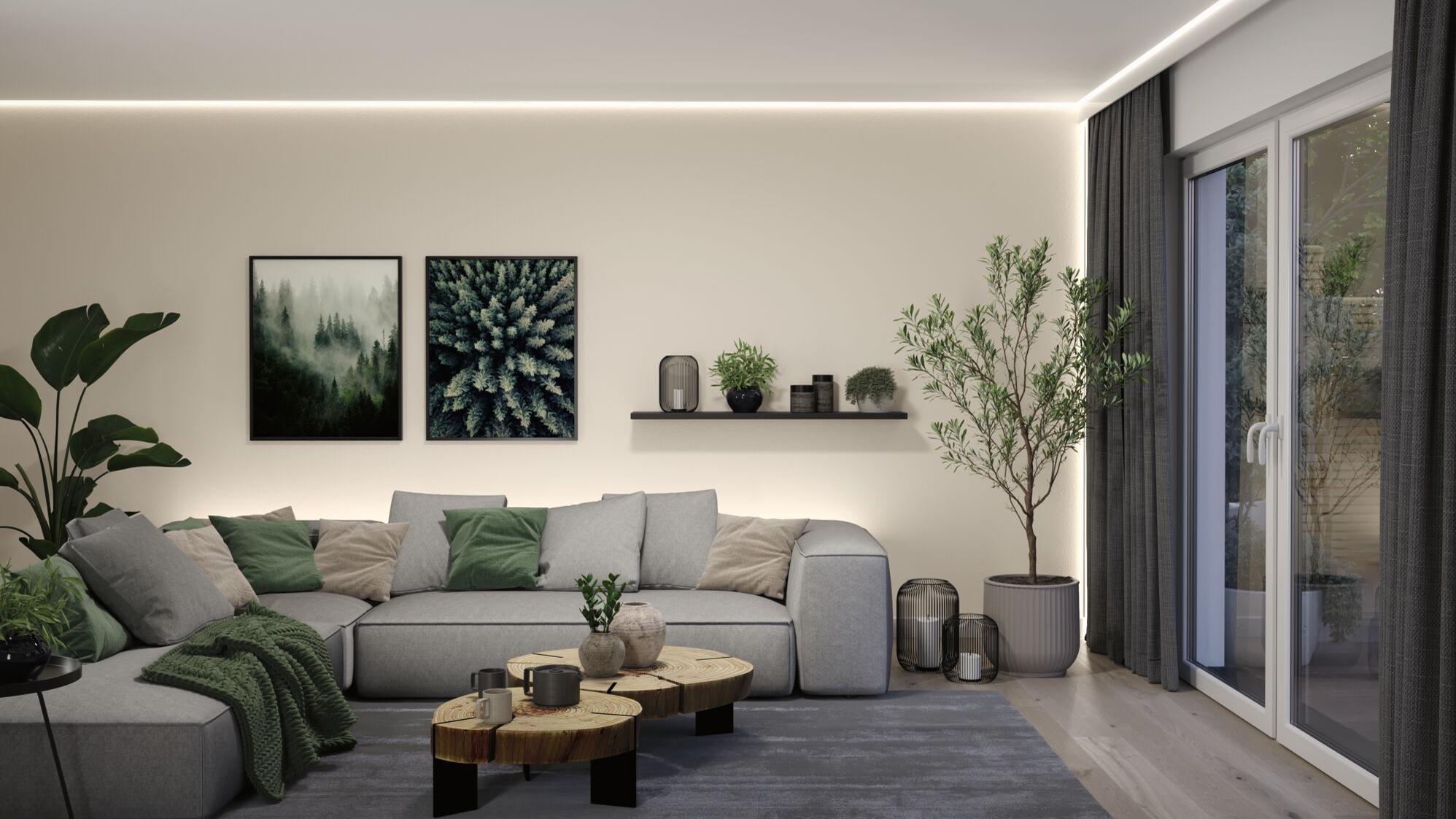 Moderne stue med grå stofsofa, træ-sofabord og indirekte LED-vægbelysning for hyggelig stemning