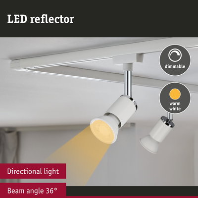 White metal LED reflector with warm white dimmable light and 36° beam angle for directional lighting