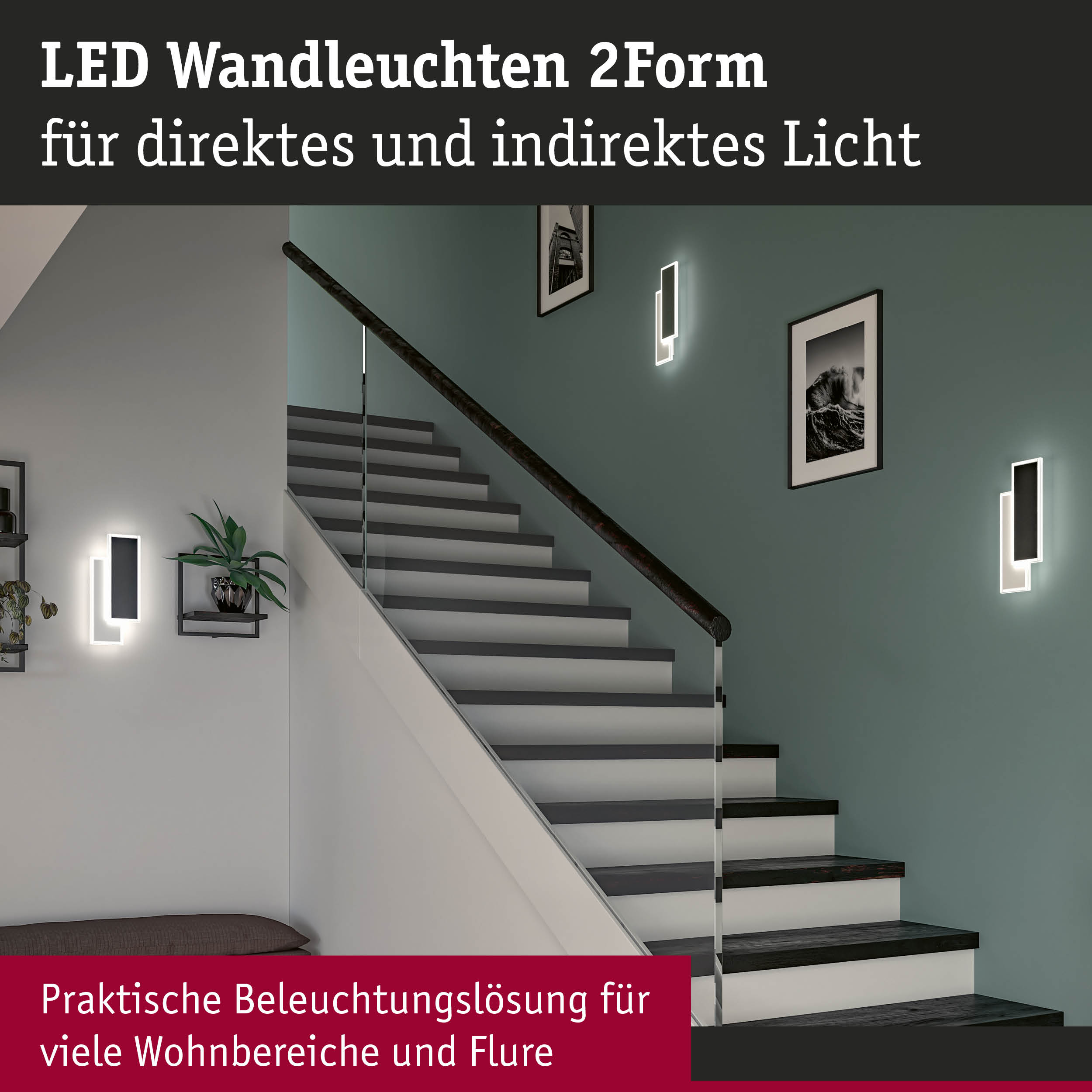 Moderne LED-Wandleuchten 2Form in Schwarz mit direktem und indirektem Licht an Treppenwand