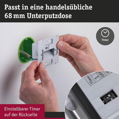 Elektrischer Timer-Schalter in Grau mit einstellbarem Timer, passend für 68 mm Unterputzdose