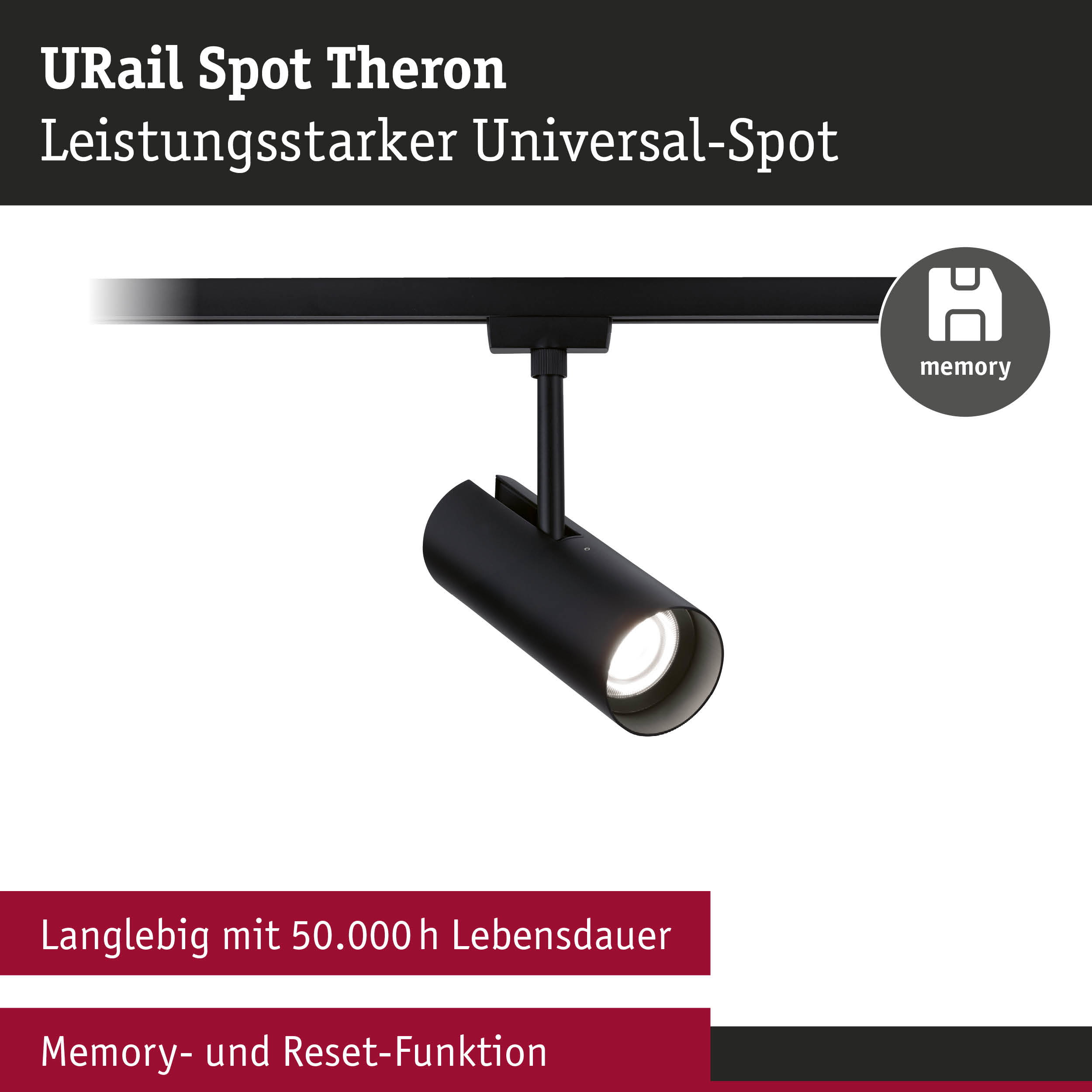 Schwarzer URail Spot Theron Universal-Spot mit Memory-Funktion und 50.000 Stunden Lebensdauer