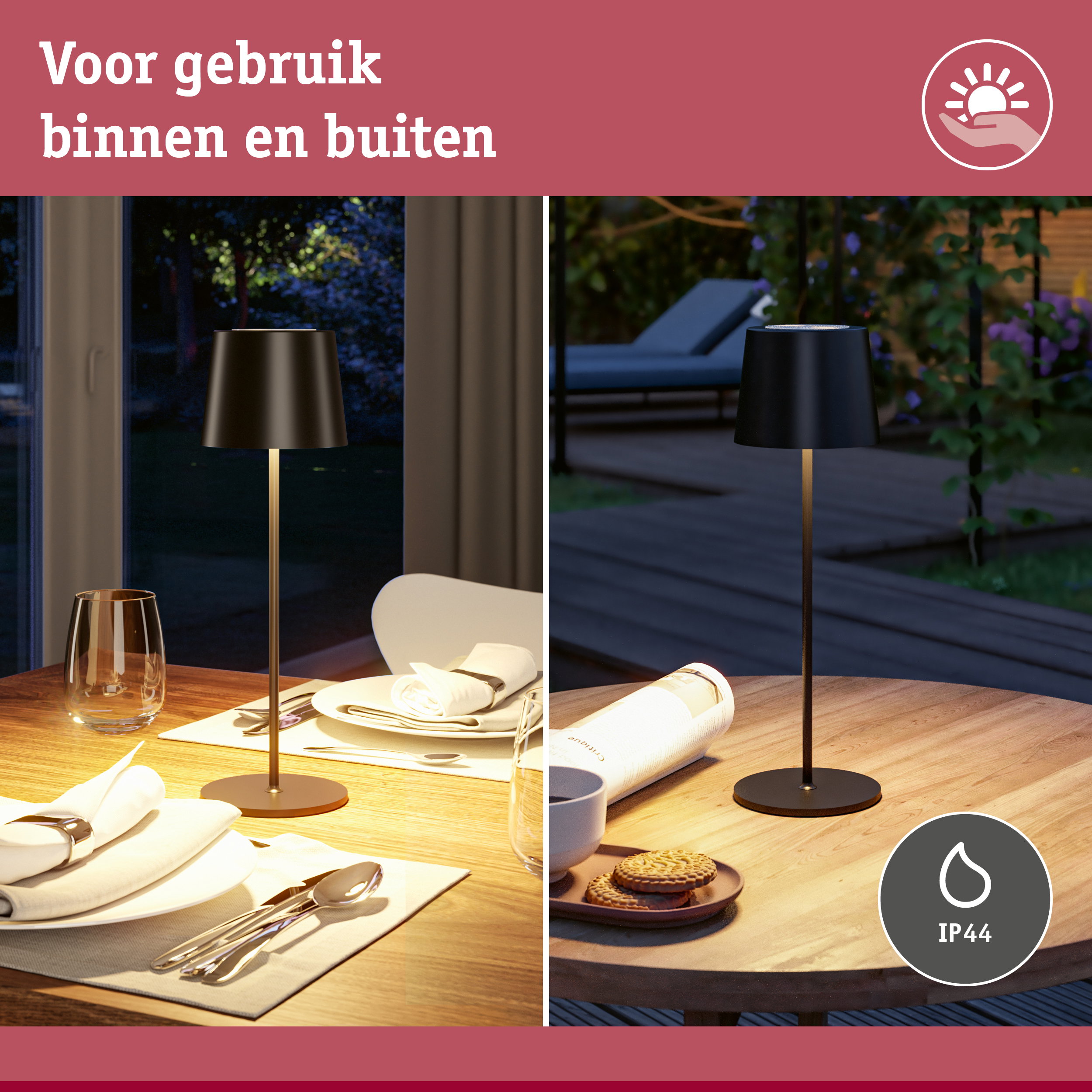 Zwarte metalen vloerlamp op houten tafel, geschikt voor binnen- en buitengebruik met IP44 bescherming