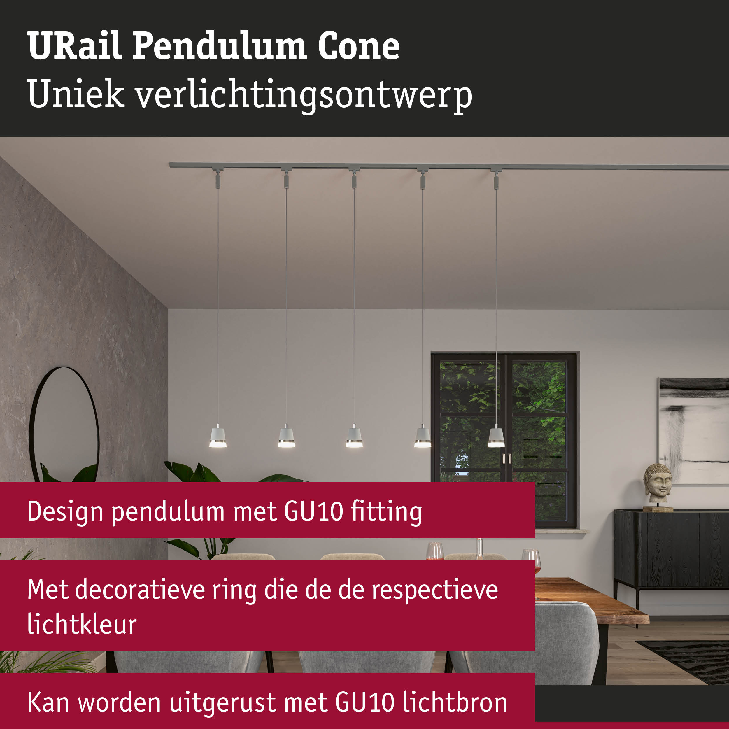 Moderne witte URail Cone pendel met GU10 fitting boven eettafel in woonkamer