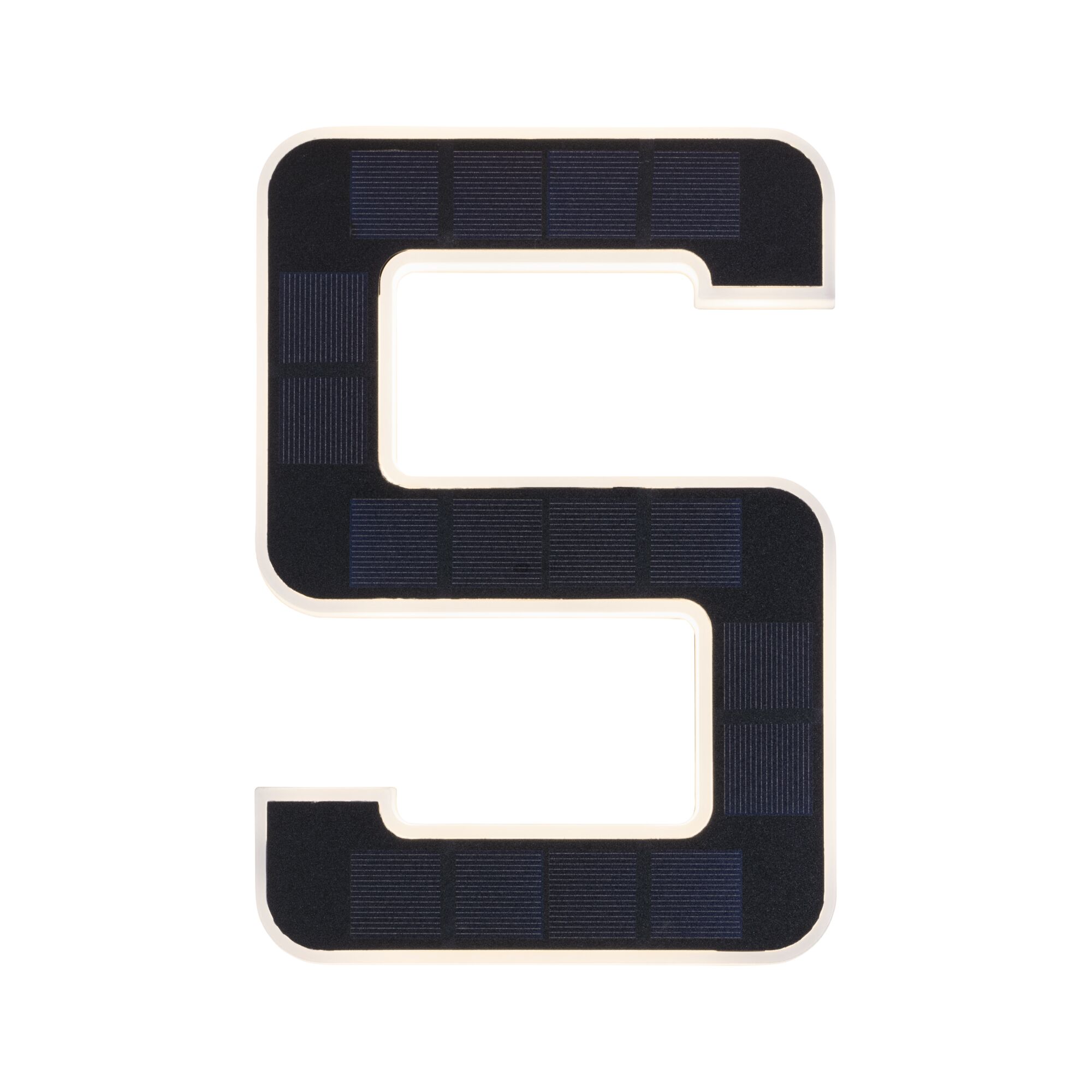 Solar-powered S-shaped LED wall light with black solar panel and white frame for outdoor lighting