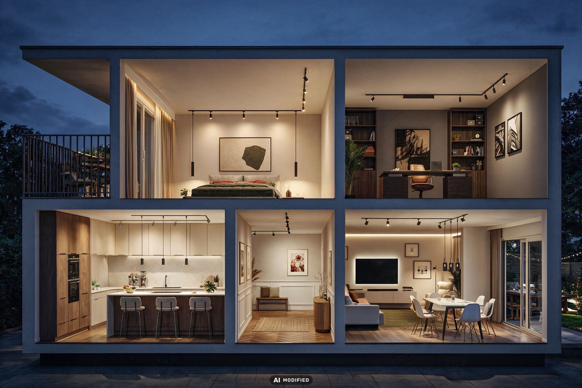 Modern house interior with illuminated rooms featuring URail track lighting in kitchen, living room, and office