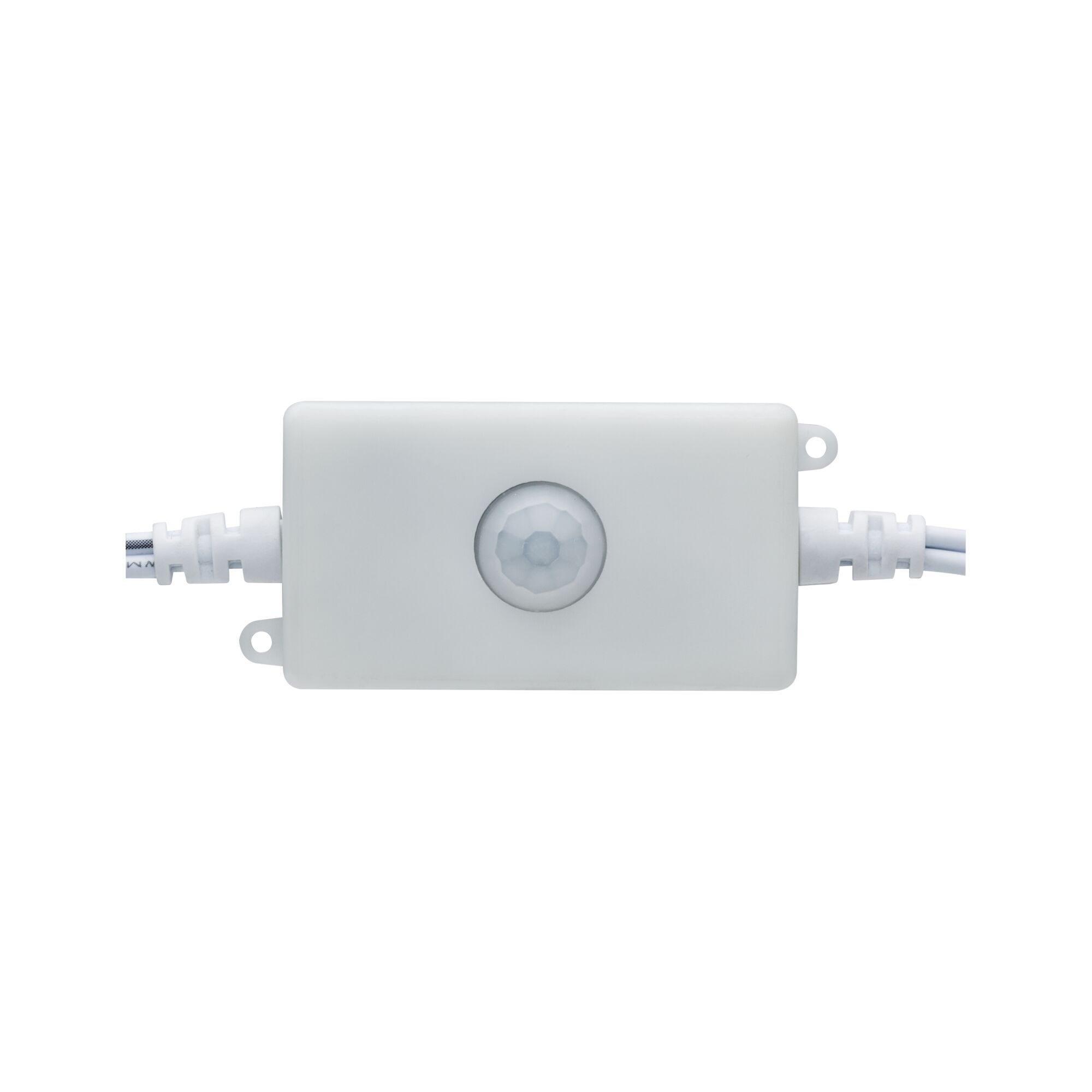 White plastic housing with integrated motion sensor and cable connections for light control