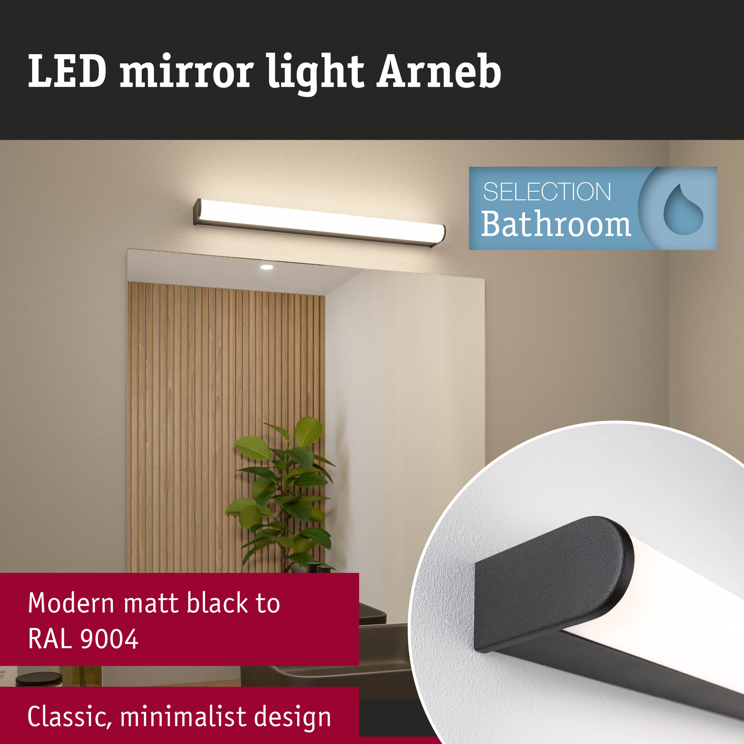 Matt black LED mirror light Arneb with minimalist design for bathroom lighting