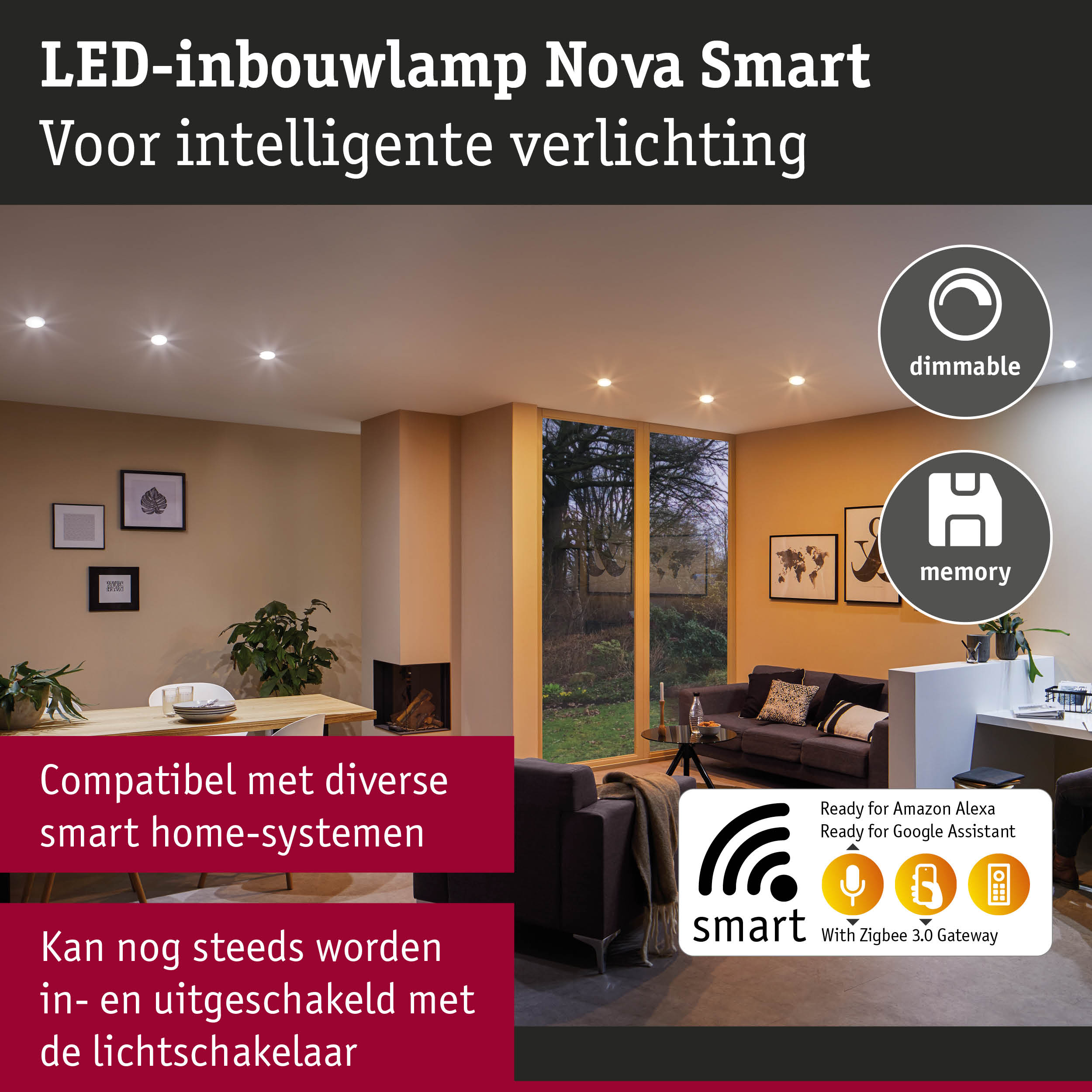 LED-inbouwlamp Nova Smart dimbaar met geheugenfunctie voor slimme verlichting en Zigbee 3.0 gateway