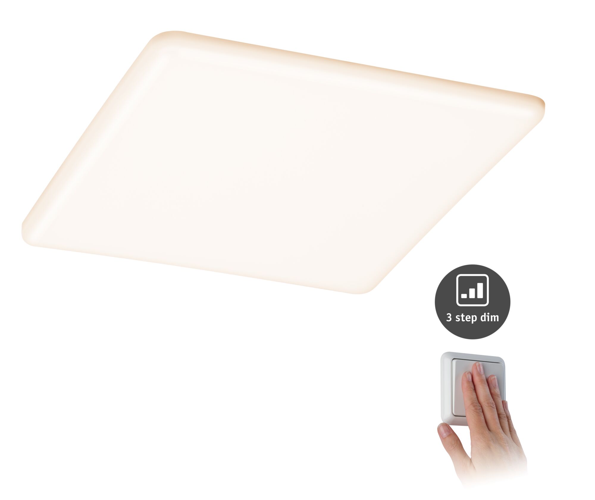 Square white LED ceiling light with 3-step dimming function for living spaces