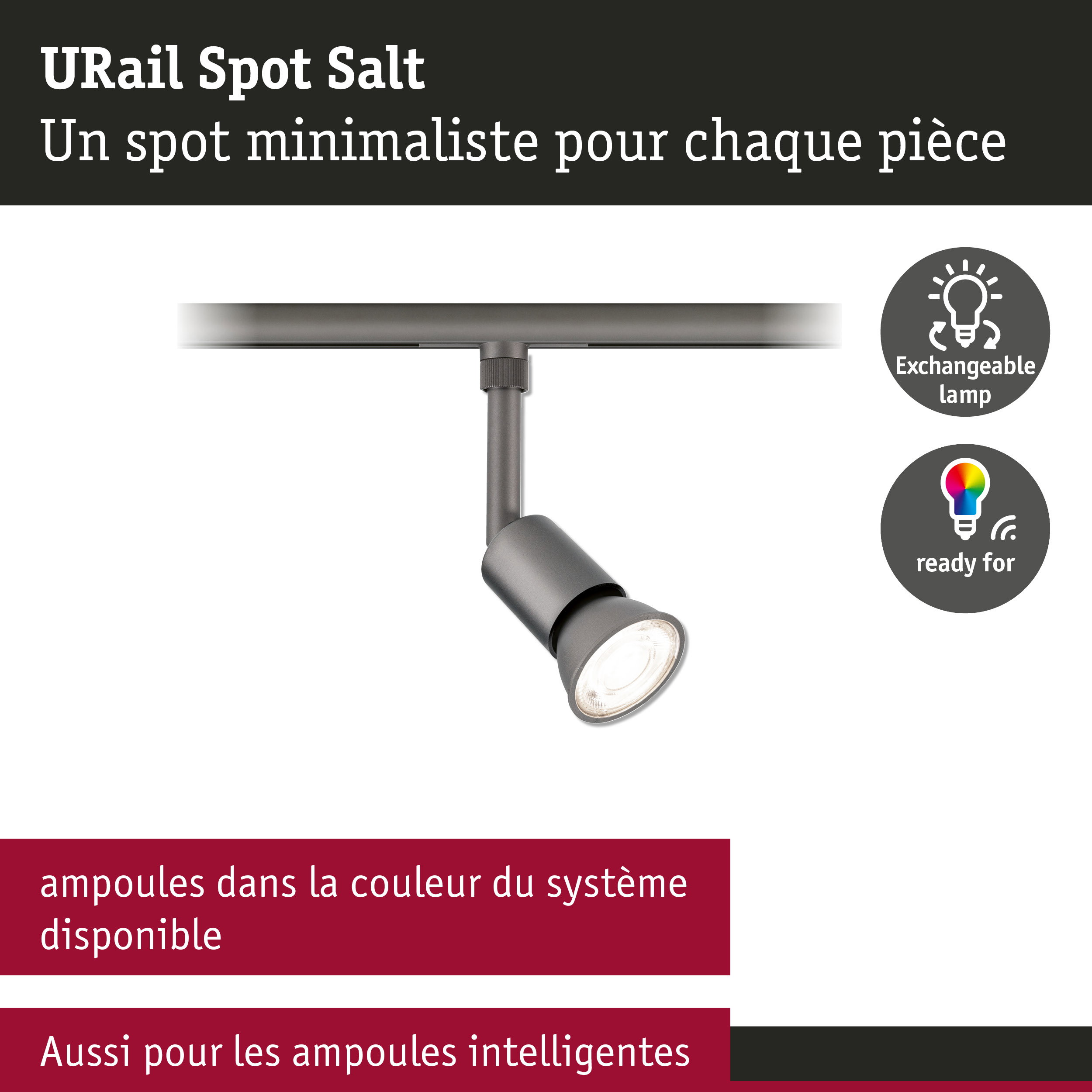 URail Spot sur rail Salt GU10 max. 10W gradable 230V Titanium