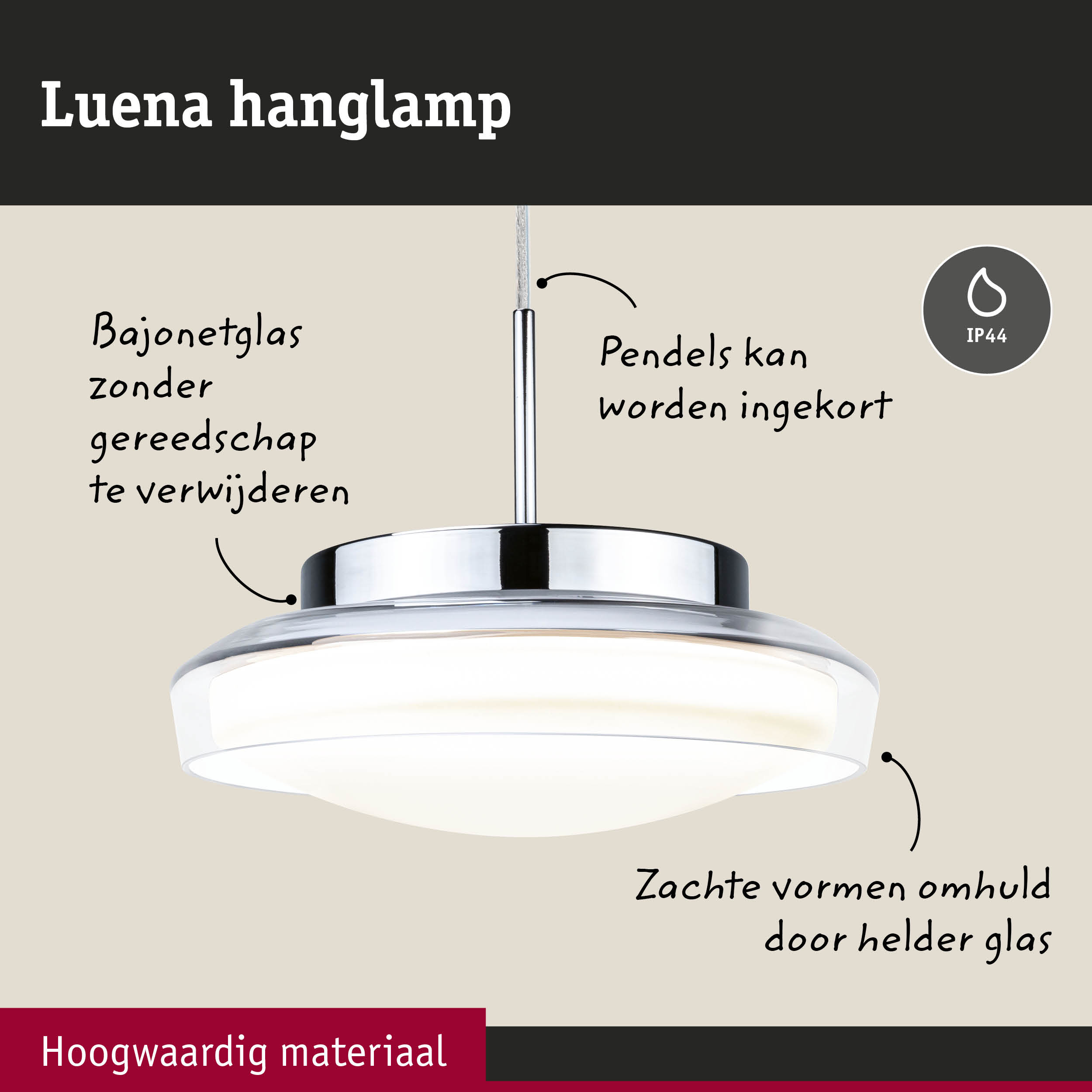 Moderne Luena hanglamp van metaal en glas met IP44 bescherming voor badkamerverlichting